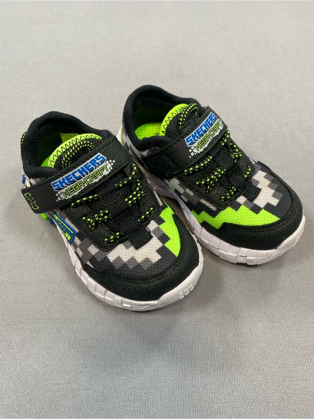 Skechers Mega Craft Kids Black & Neon Green Pixel Sneakers with Velcro Strap